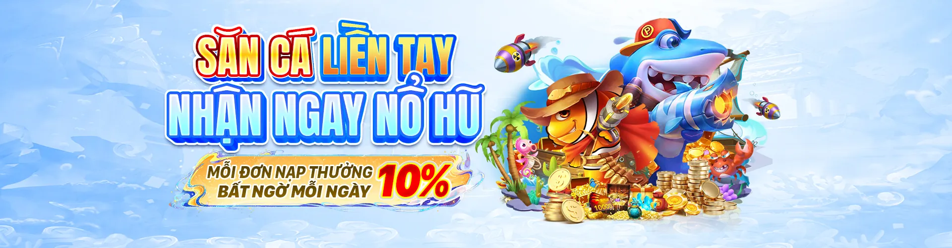 Hình ảnh banner chính với chủ đề bắn cá sống động, đại dương xanh thẳm, cá vàng rực rỡ và logo vn86 link vào, thể hiện sự hấp dẫn của trò chơi.